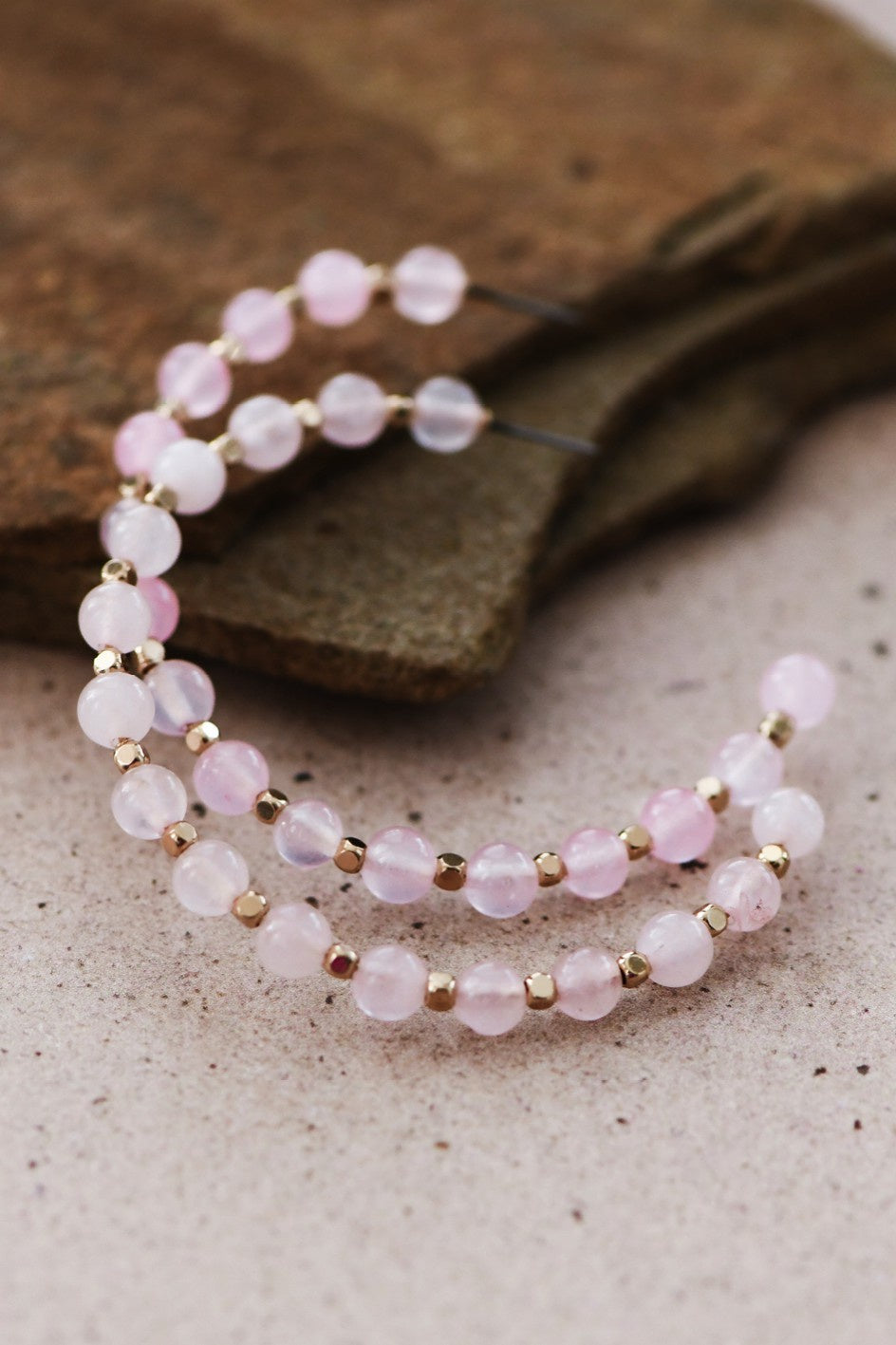 Natural Rose Quartz Stone Beaded Hoop Earrings
