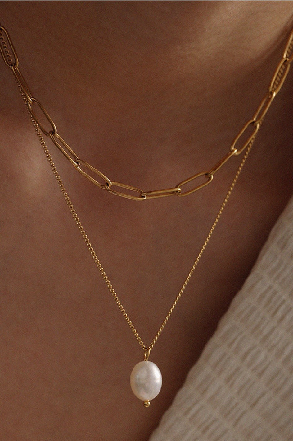 18K Gold Plated Paperclip Necklace with Pearl Drop