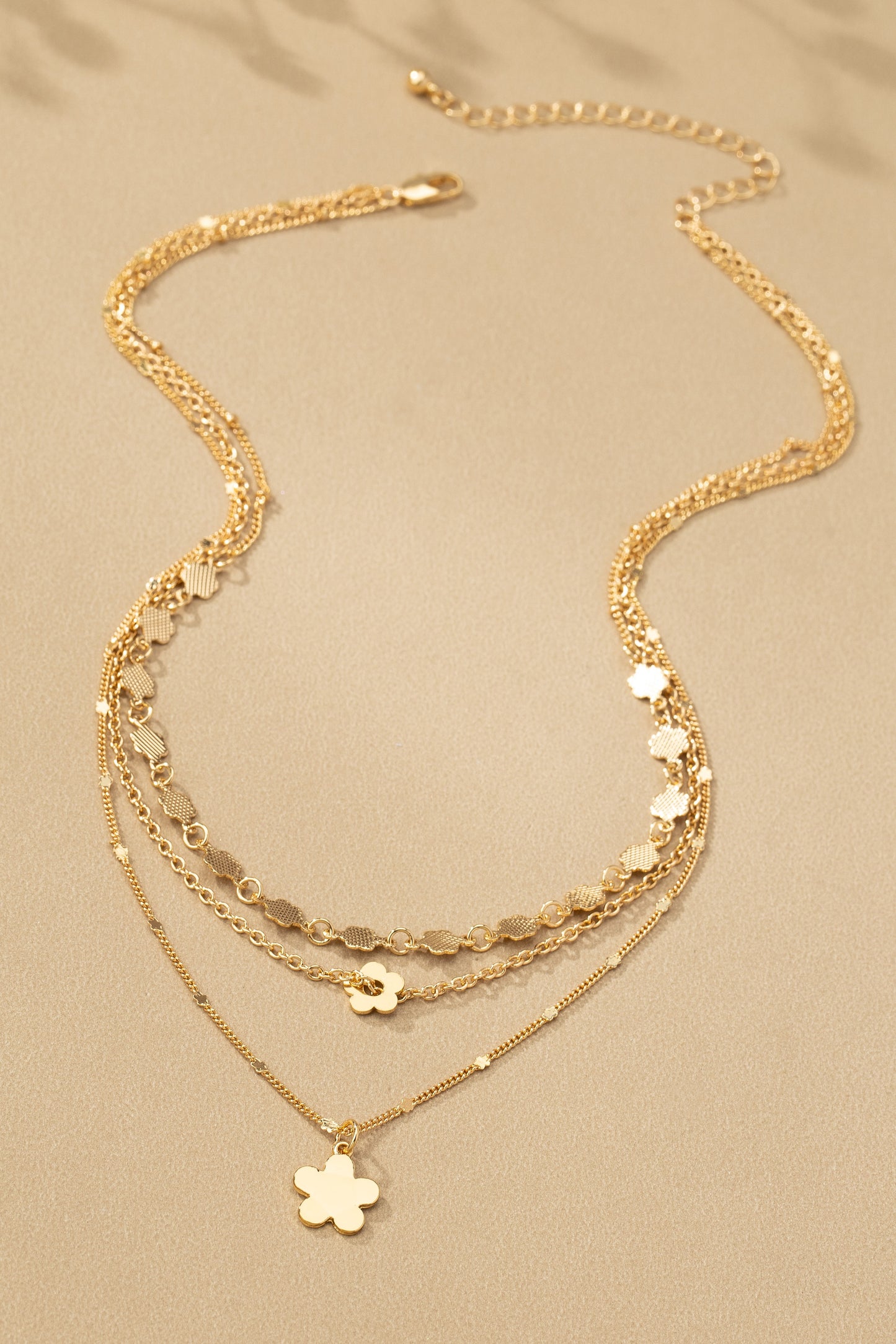 THREE ROW FLOWERS AND MIX CHAIN NECKLACE
