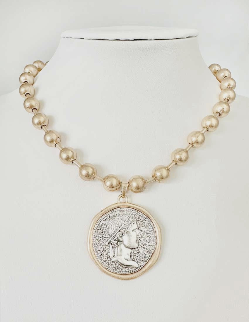 Worn Gold Beaded Chain with Large Stamped Coin Charm Necklace