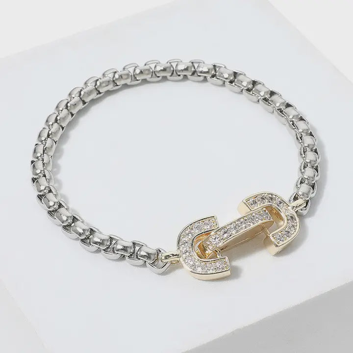 Stone Paved Two Tone Horsebit Pointed Chain Bracelet