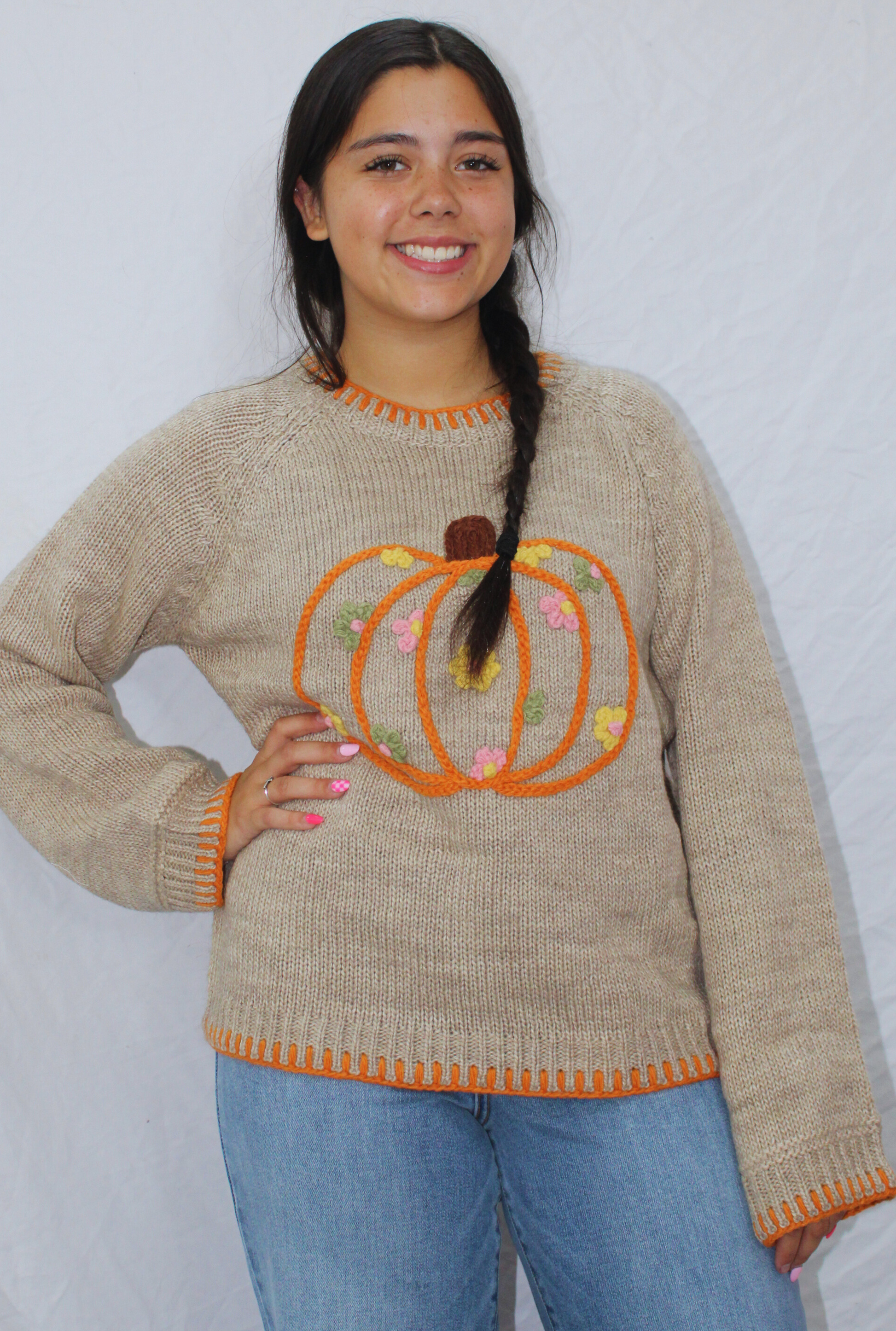 PUMPKIN FLORAL SWEATER TOP