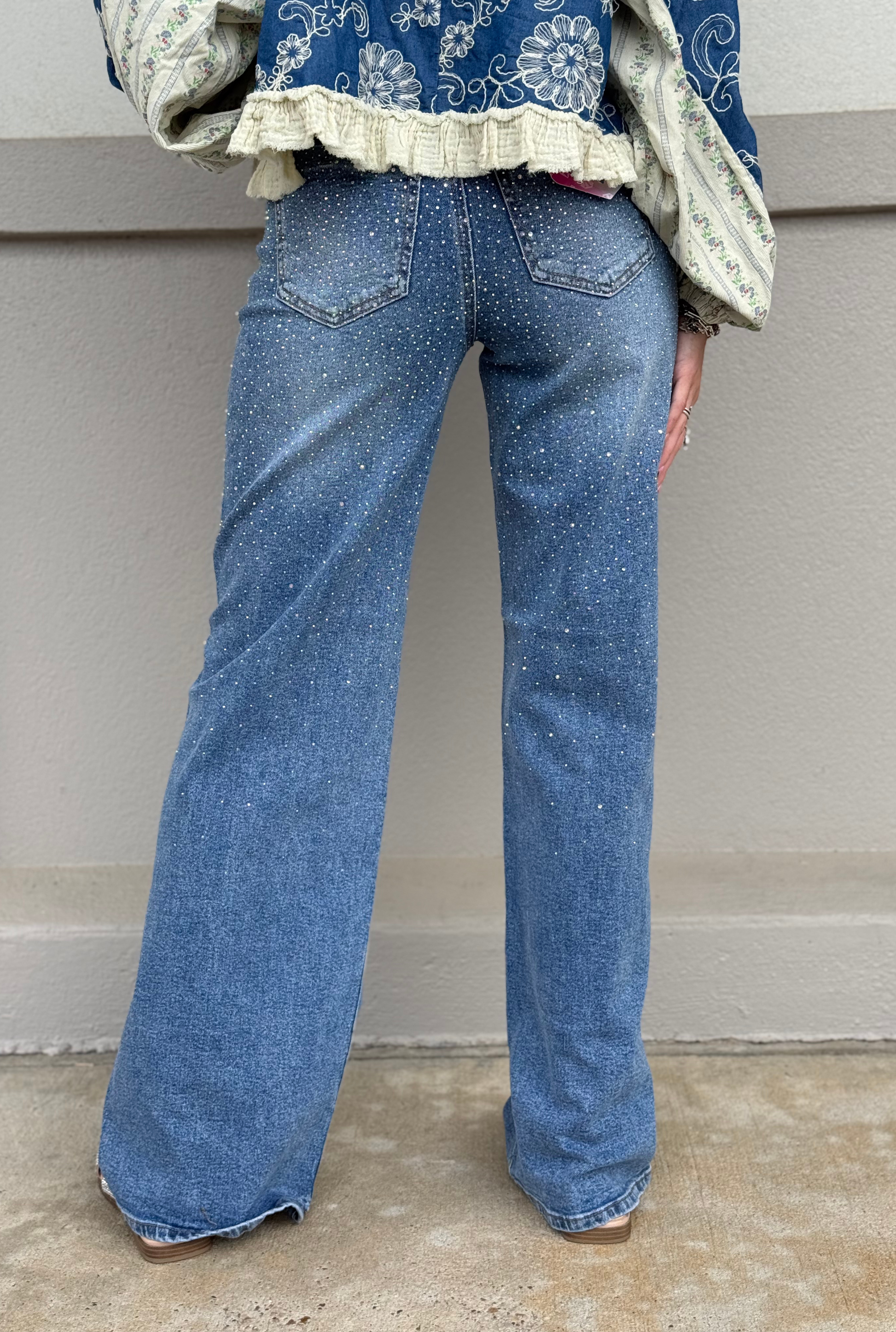 Iridescent Rhinestone High-Rise Wide Leg Jeans