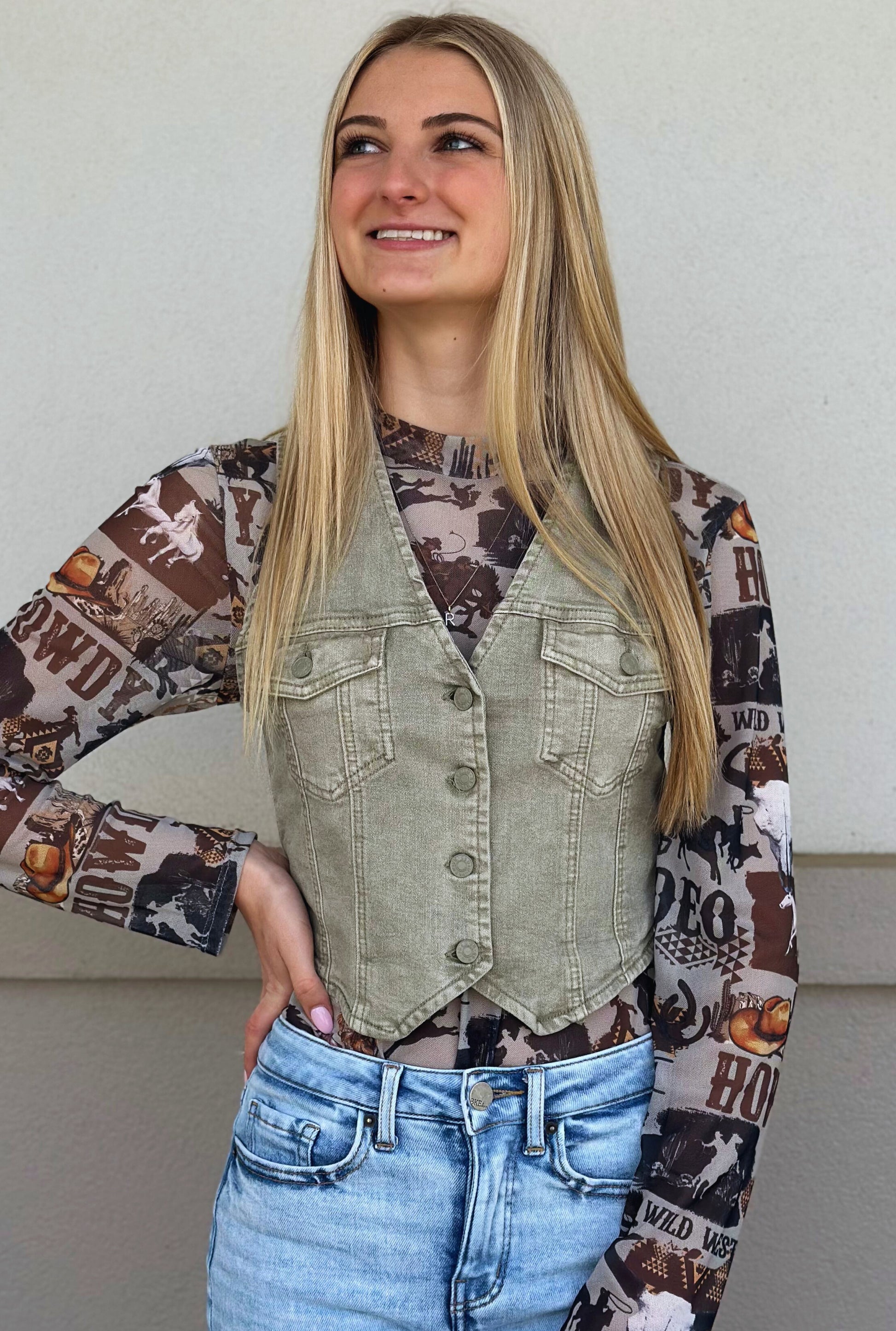OLIVE SLEEVELESS DENIM VEST