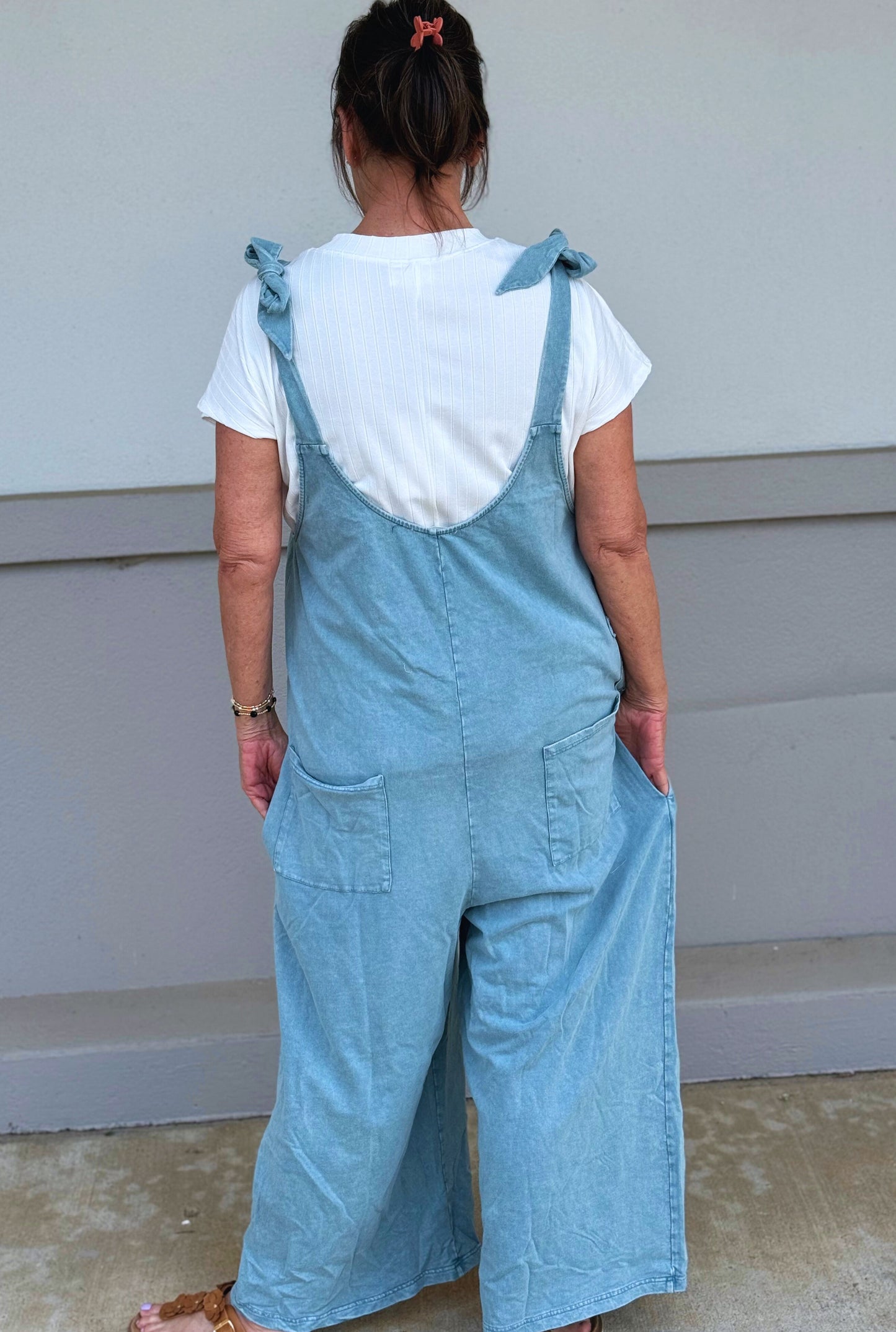 DUSTY BLUE MINERAL WASH TIE SHOULDER JUMPSUIT