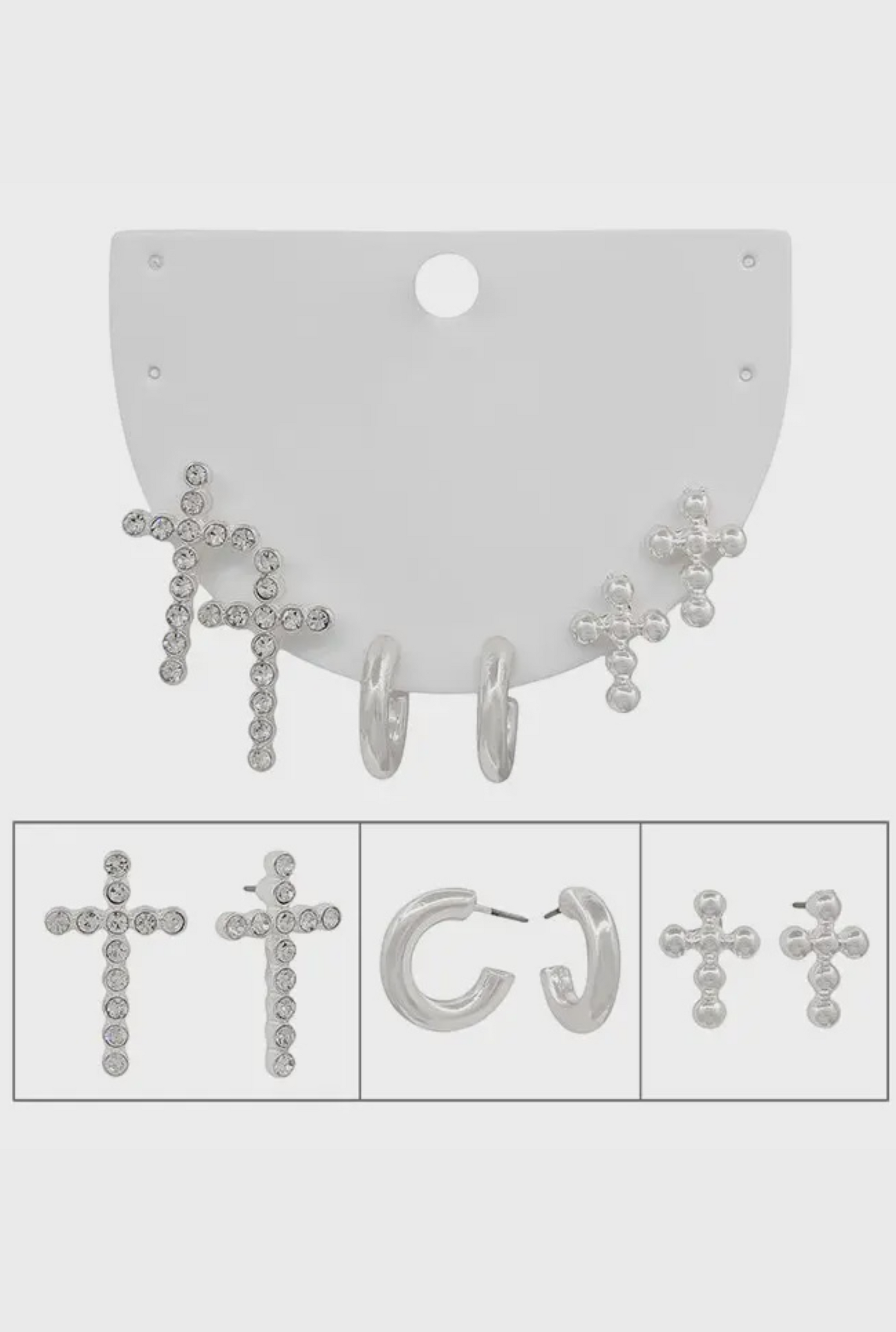 Set of Three Silver Rhinestone Cross, Beaded Cross, and Huggie Hoops