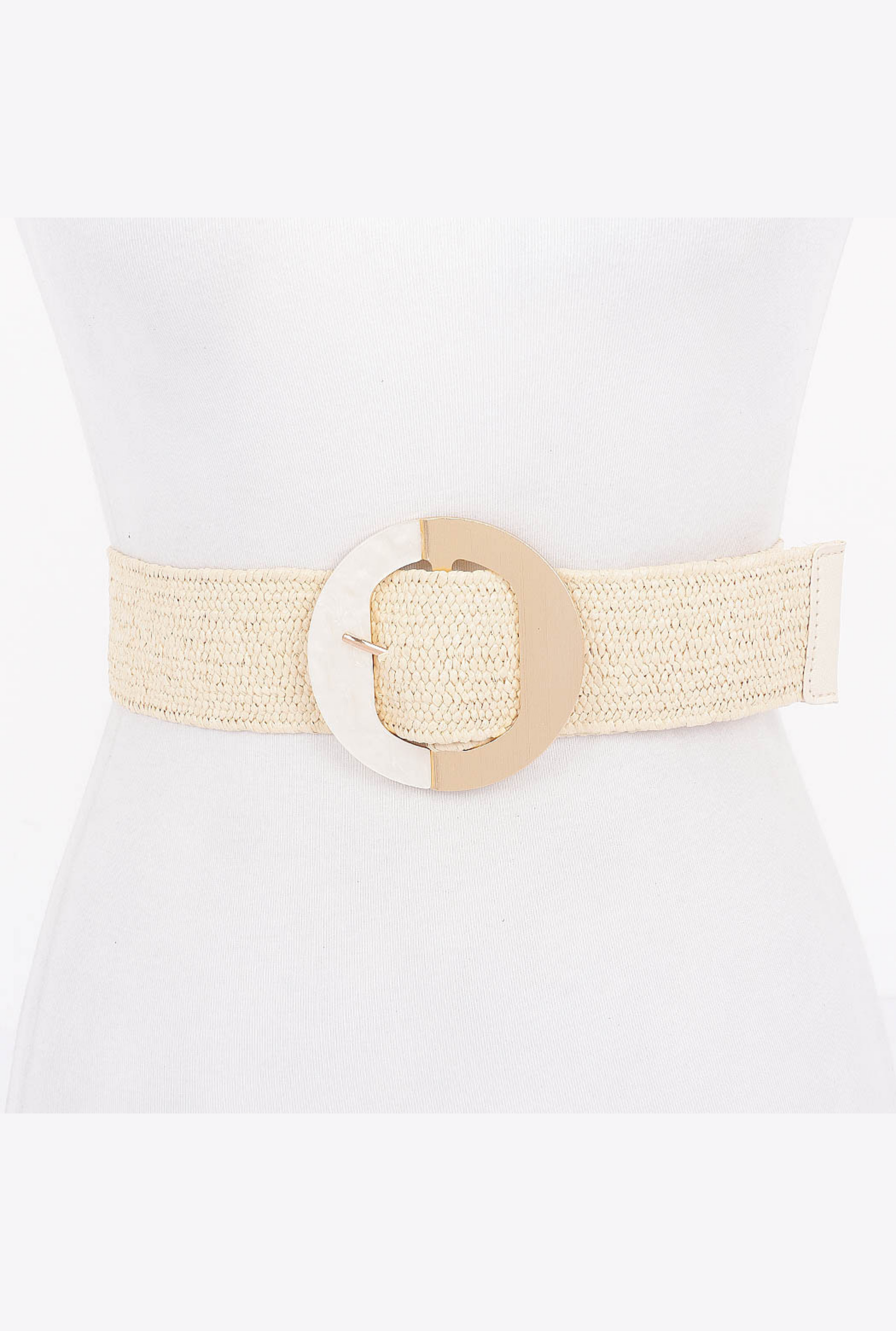 Faux Straw Marble Metal Buckle Stretch Belt