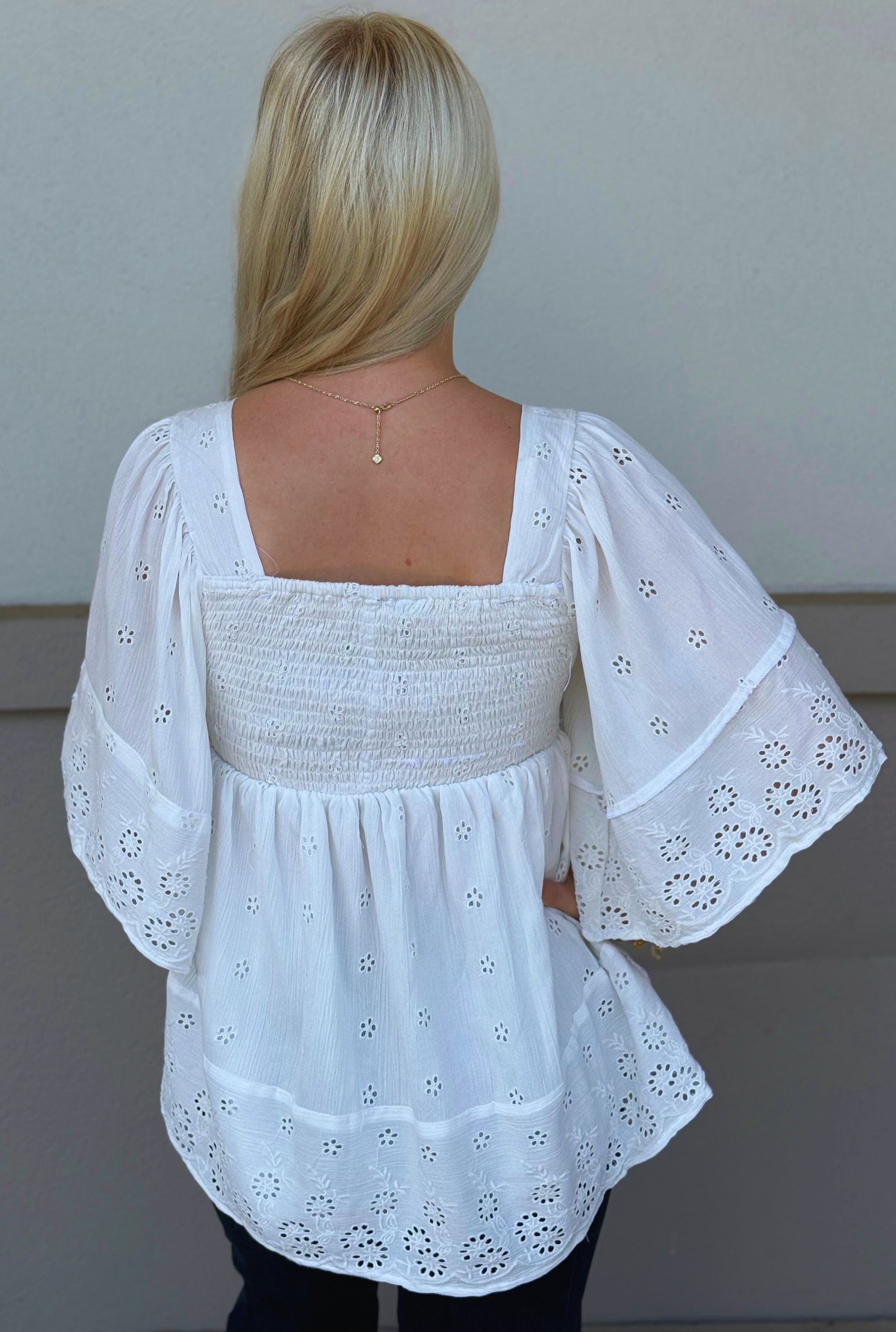 IVORY EYELET SMOCKED TOP