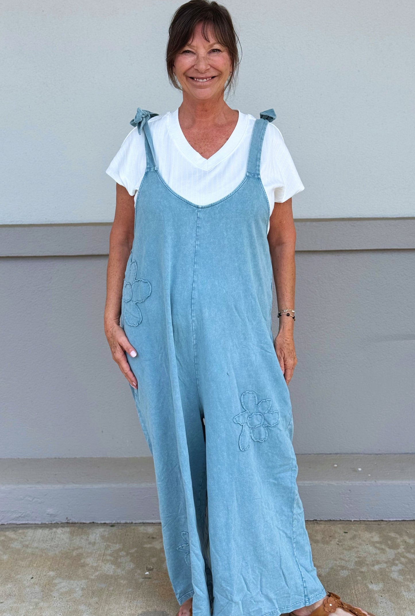 DUSTY BLUE MINERAL WASH TIE SHOULDER JUMPSUIT