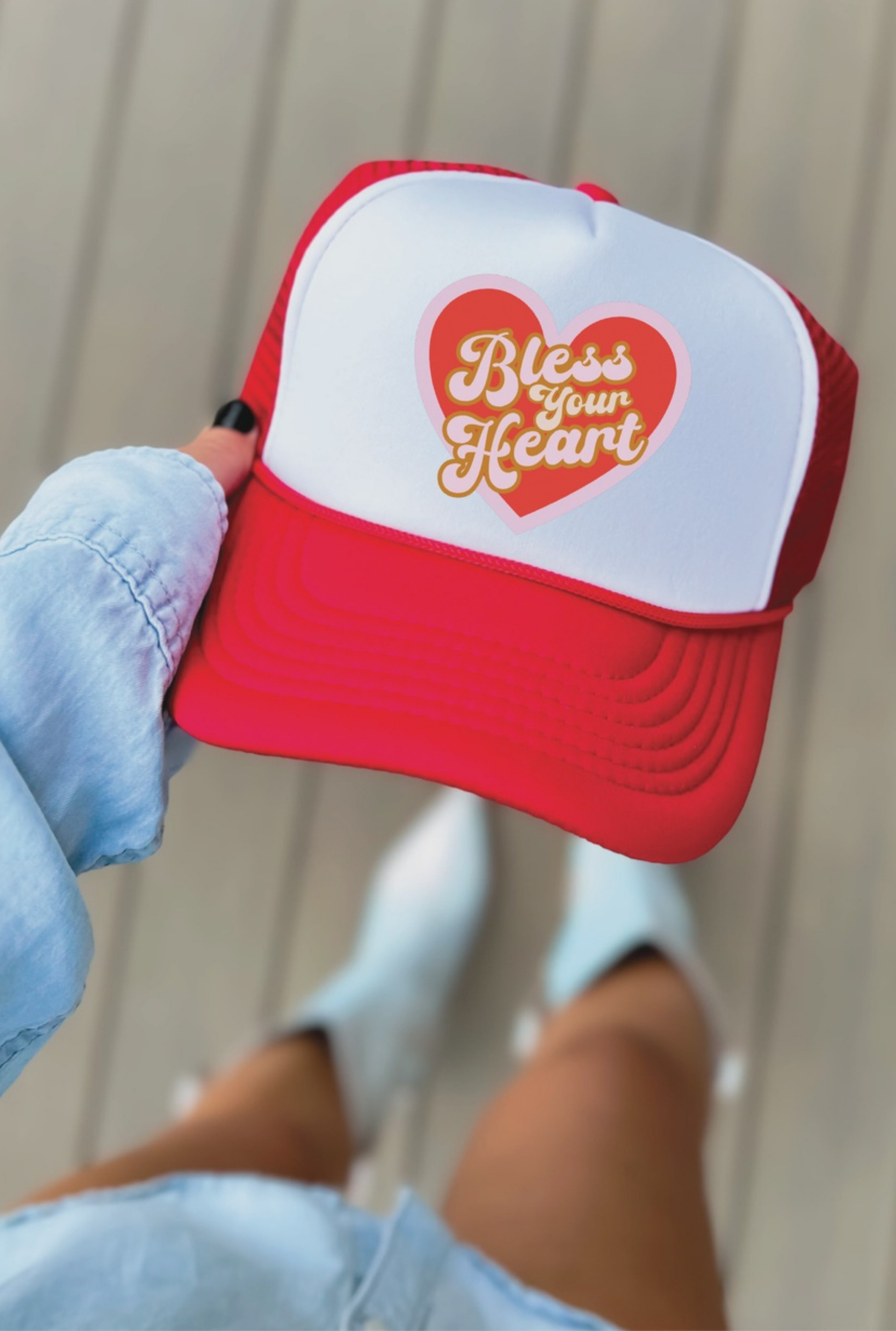 Bless Your Heart Dtf Printed Red and White Trucker Hat