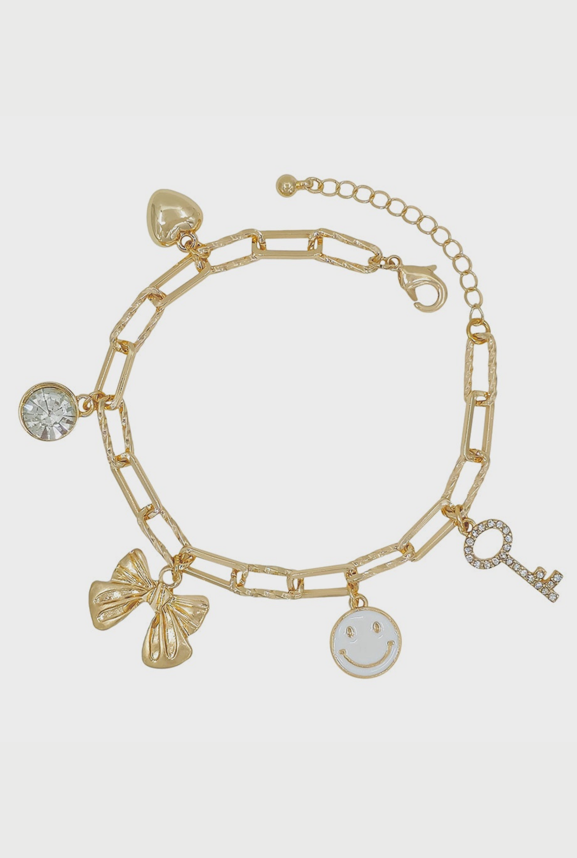 Gold Chain with Bow, White Smile, Heart, and Key Charm Bracelet