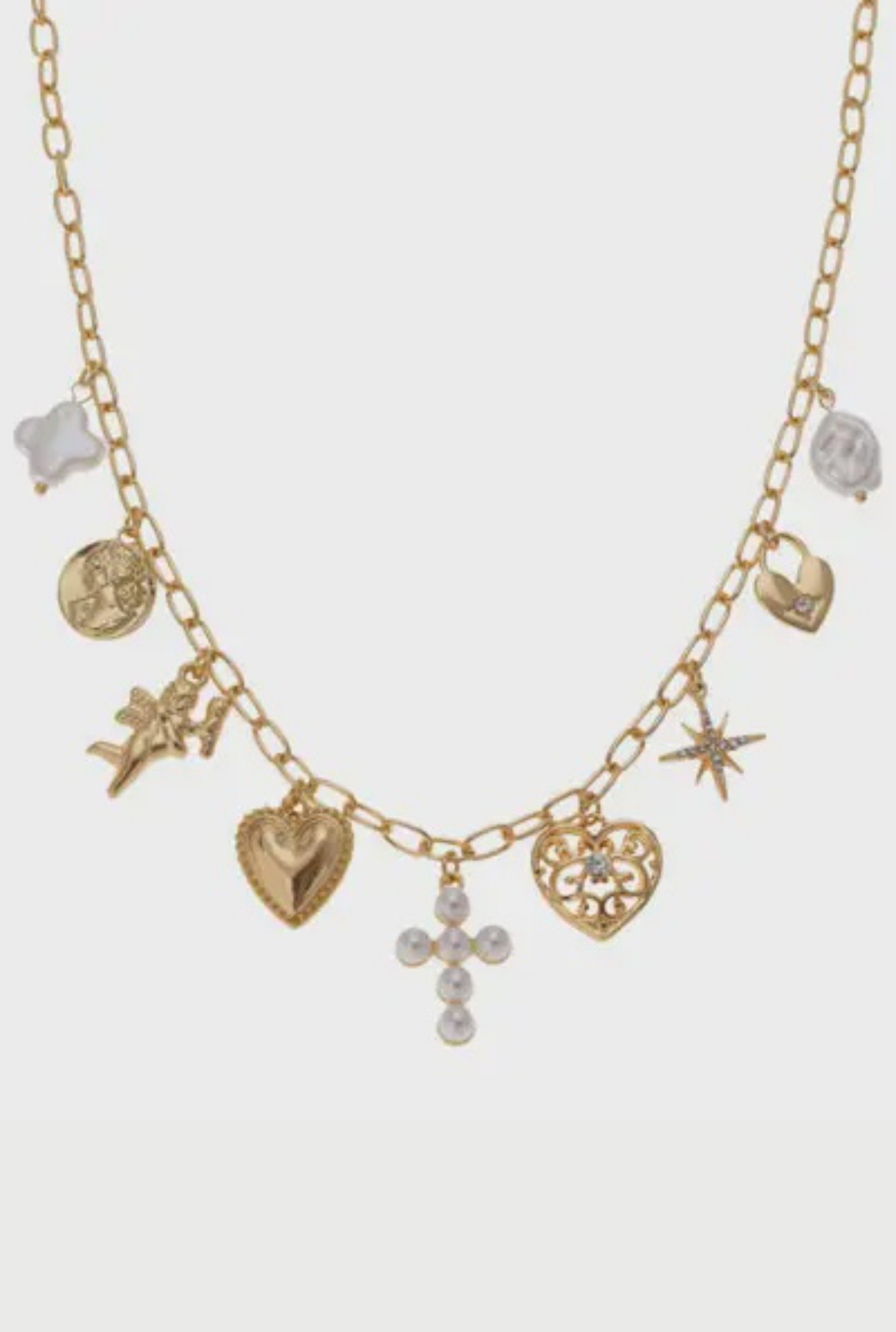 Gold Chain with Pearl Cross, Hearts, and Starburst Charm Necklace