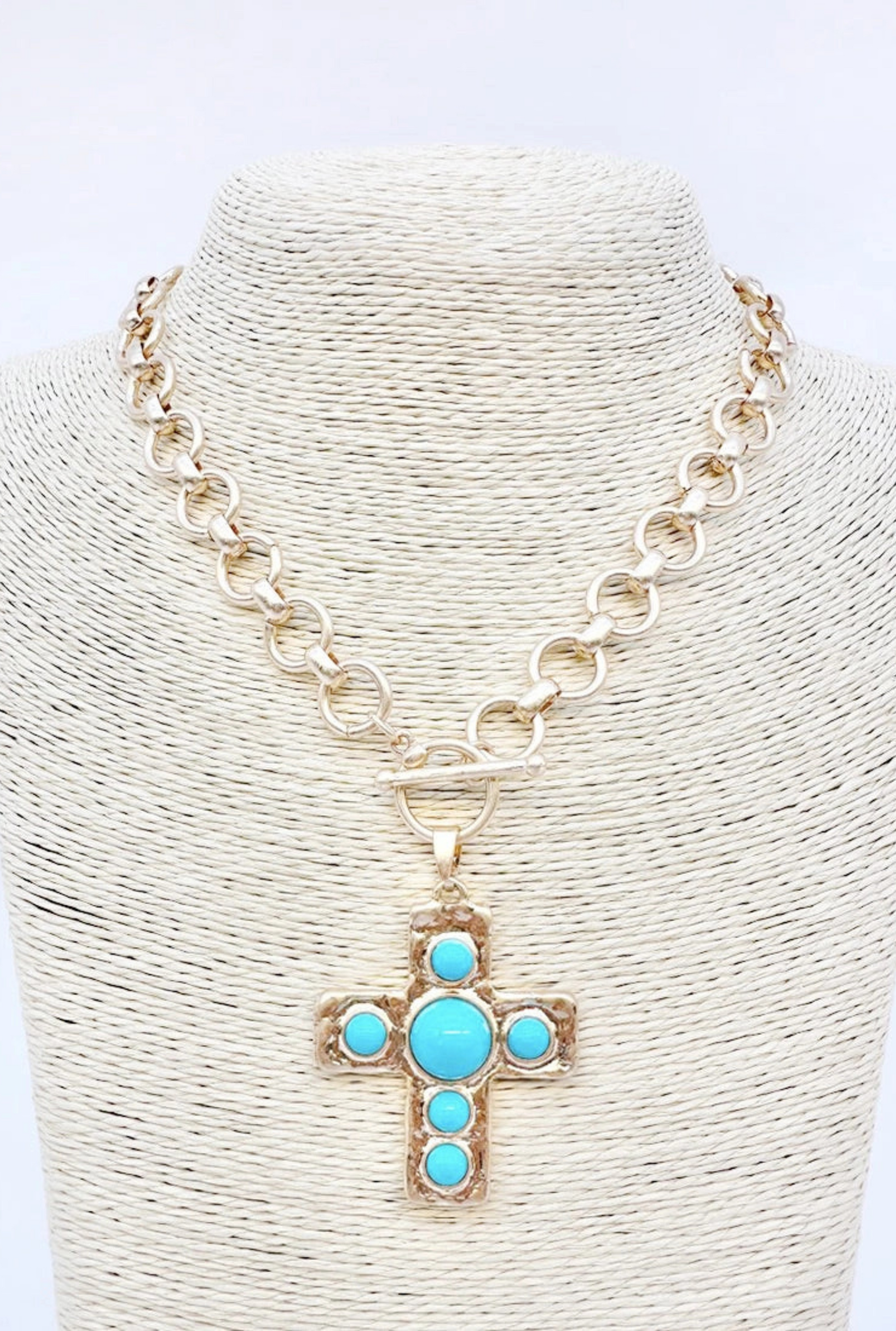 Gold Circle Chain w/ Cross with Turqouise Accents Necklace