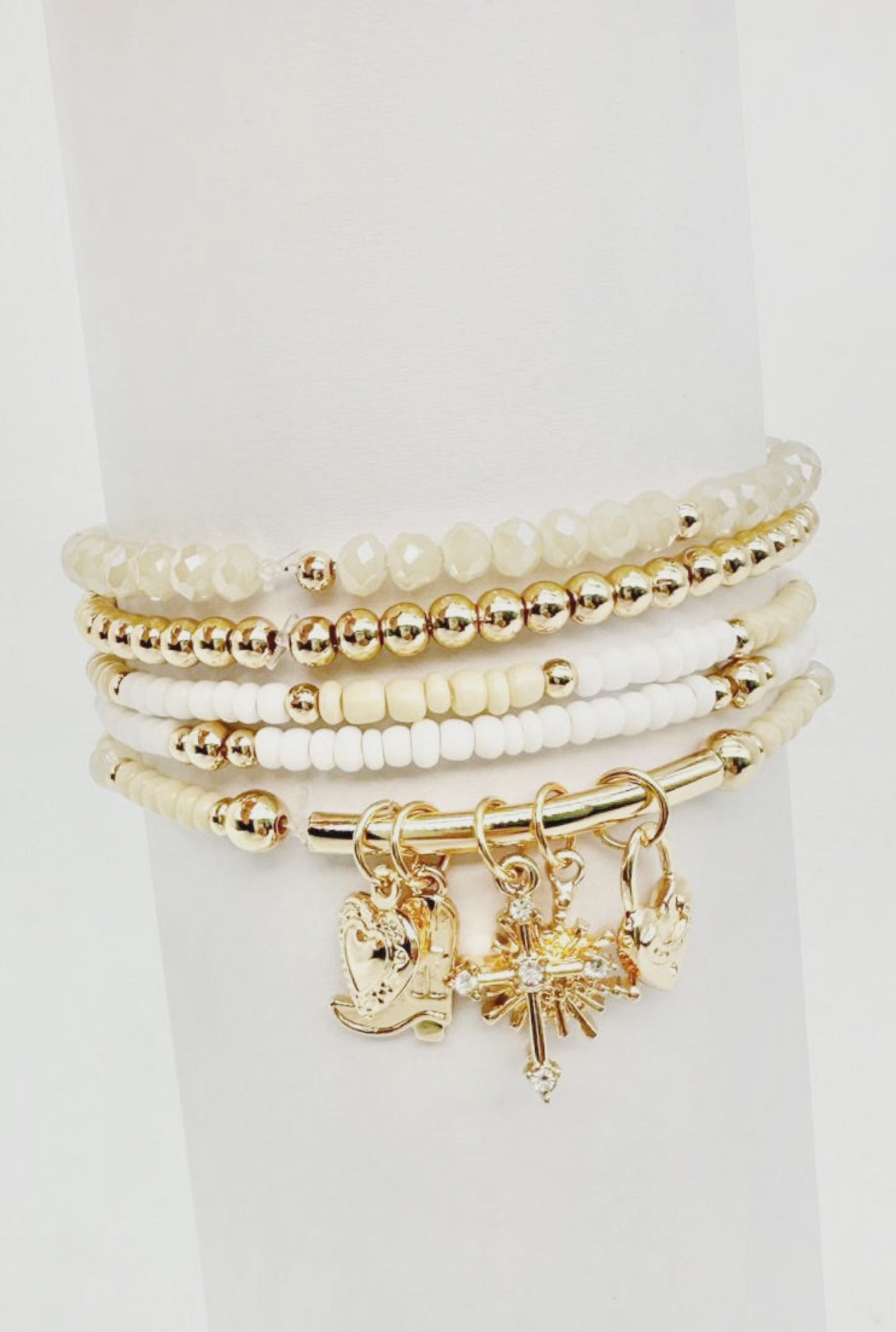 Set of 5 Gold Beaded and Seed Bead with Star and Crystal Charm Bracelets
