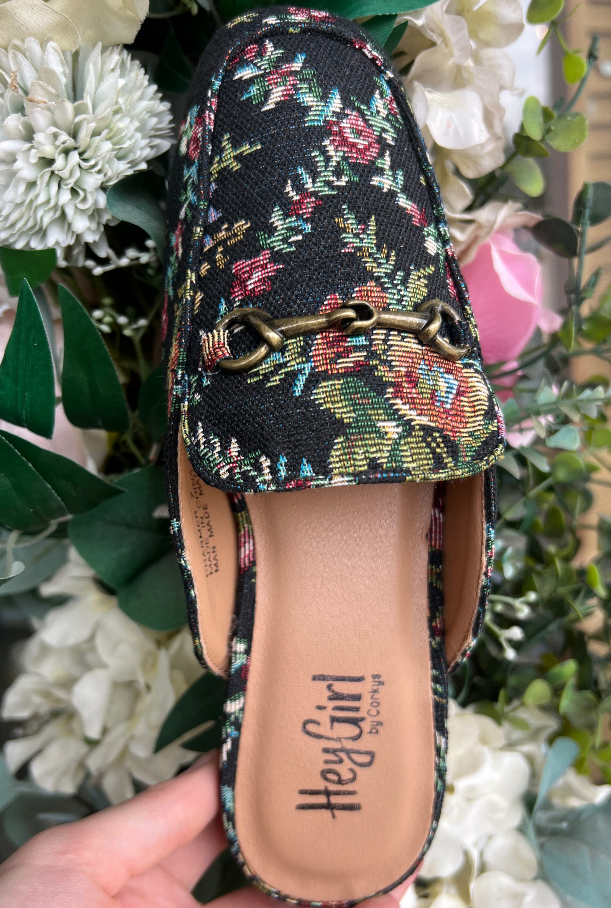 CHARMER BLACK BROCADE FLORAL SANDALS