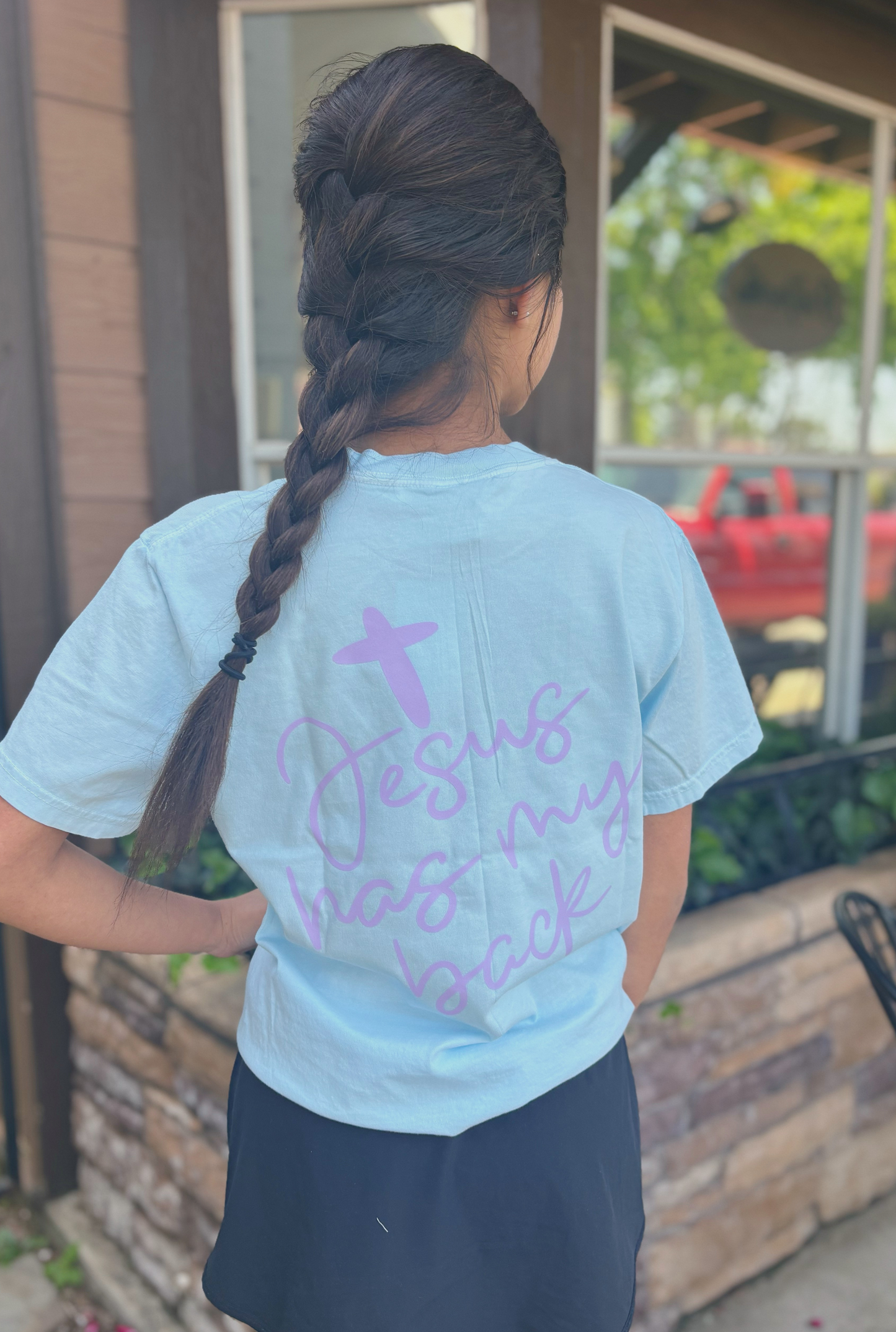 BLUE JESUS HAS MY BACK GRAPHIC TEE