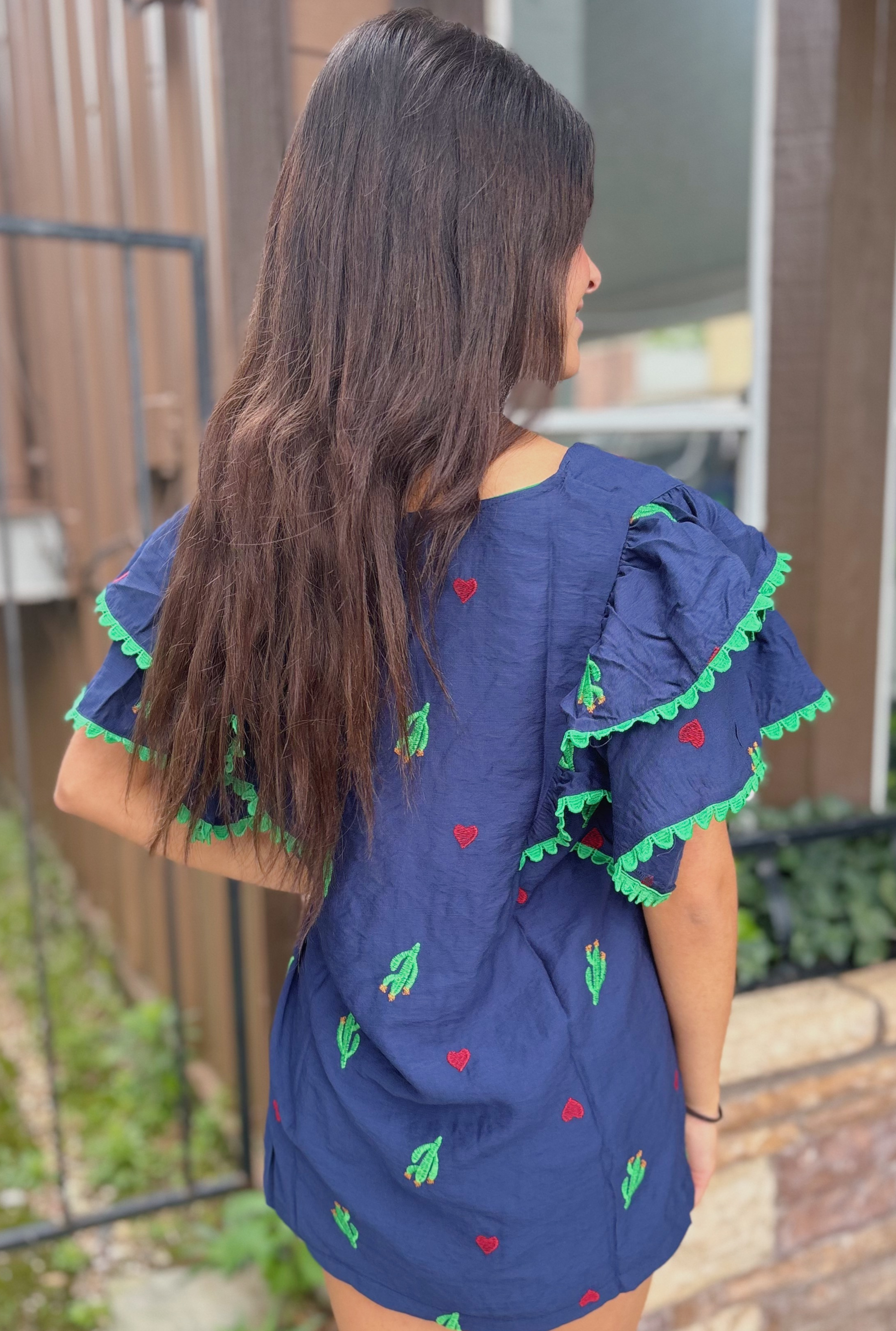 NAVY CACTUS EMBROIDERED TOP
