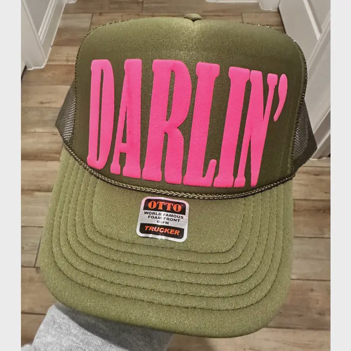3D Puff Vinyl Darlin Neon Pink On Olive Foam Trucker Hat