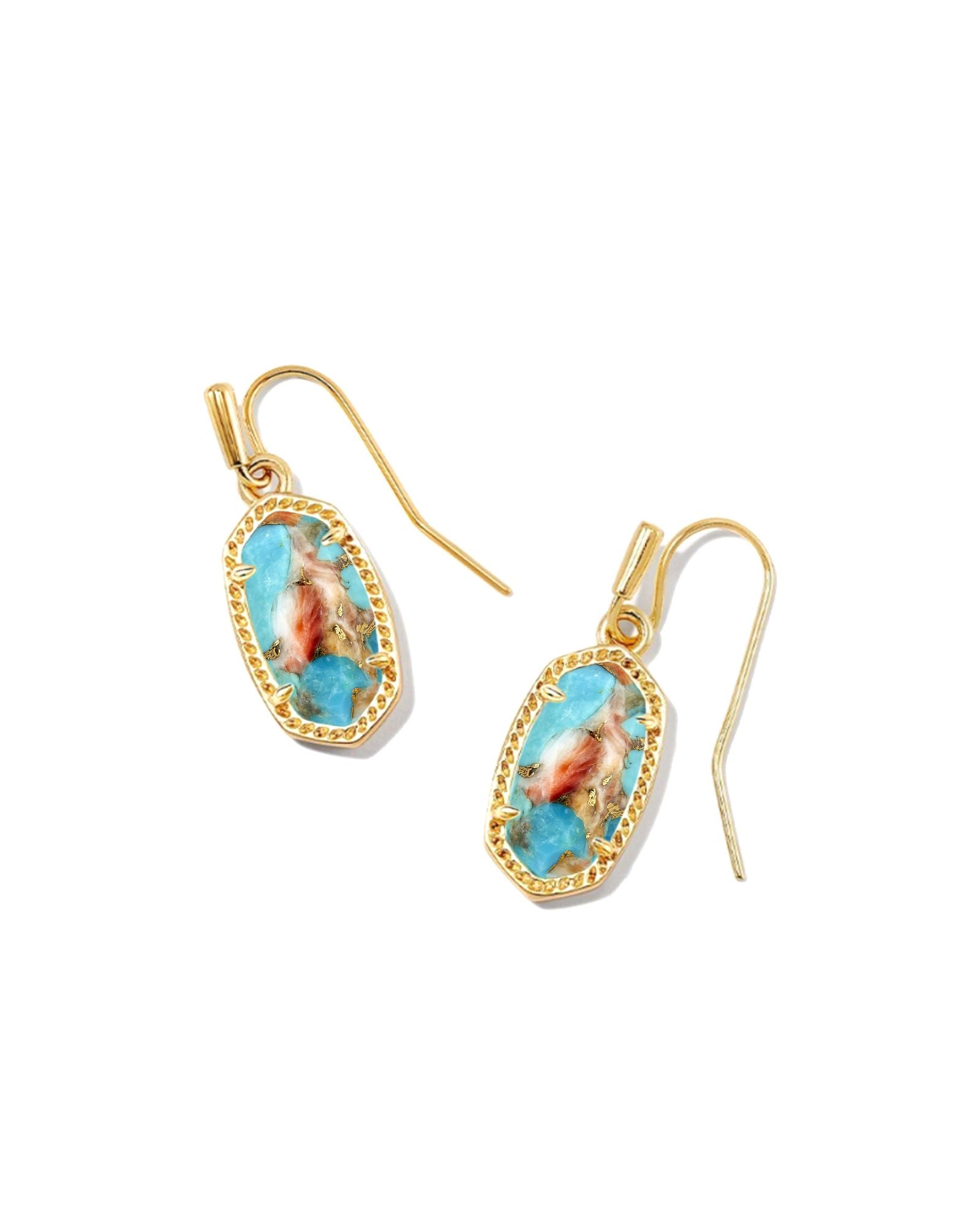 LEE DROP EARRINGS GOLD BRONZE VEINED TURQUOISE MAGNESITE RED OYSTER