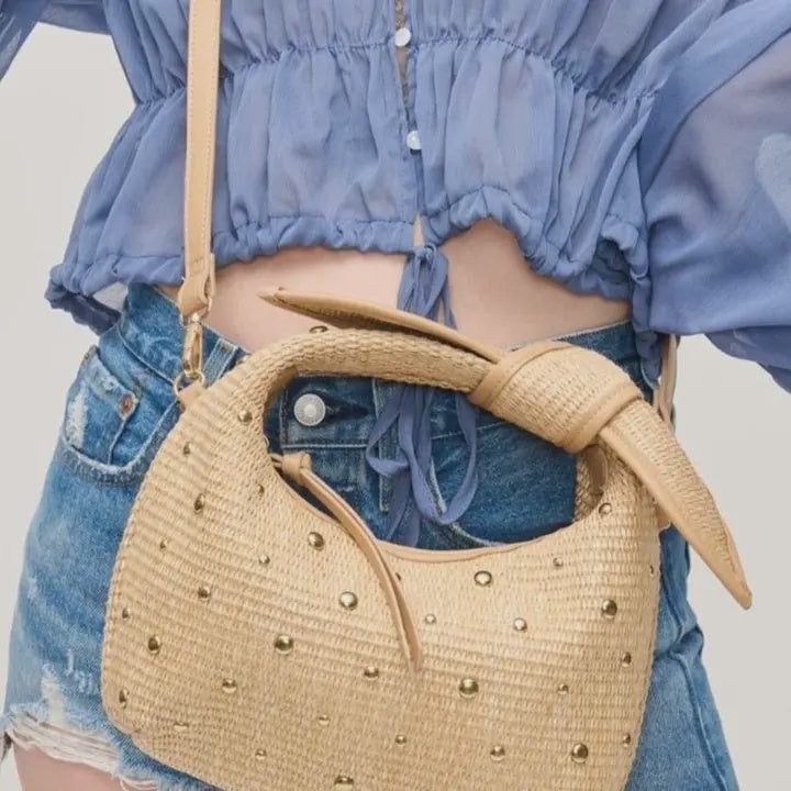 Paloma Studded Straw Crossbody Bag