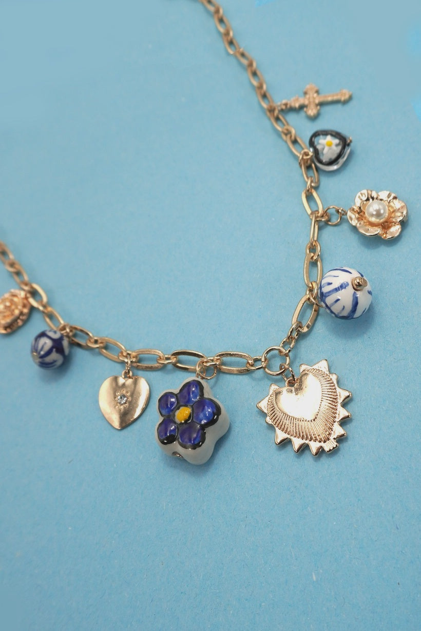 Blue Ceramic Porcelain Heart Cross Charm Necklace