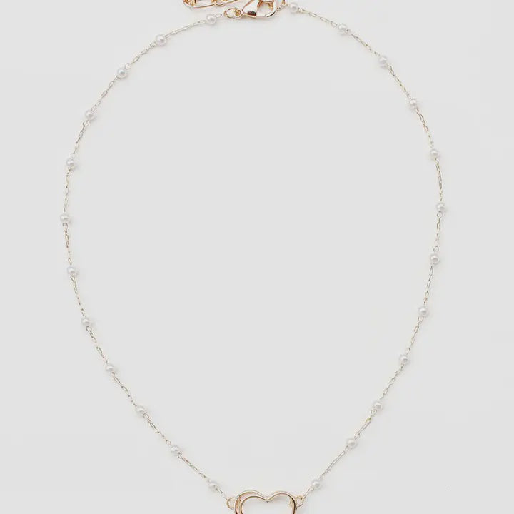 Pearl Beaded Chain with Open Textured Heart 16"-18" Necklace