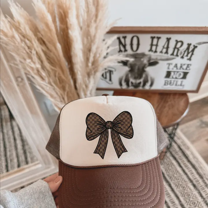 Brown Checkered Bow Dtf Printed Brown & Tan Trucker Hat