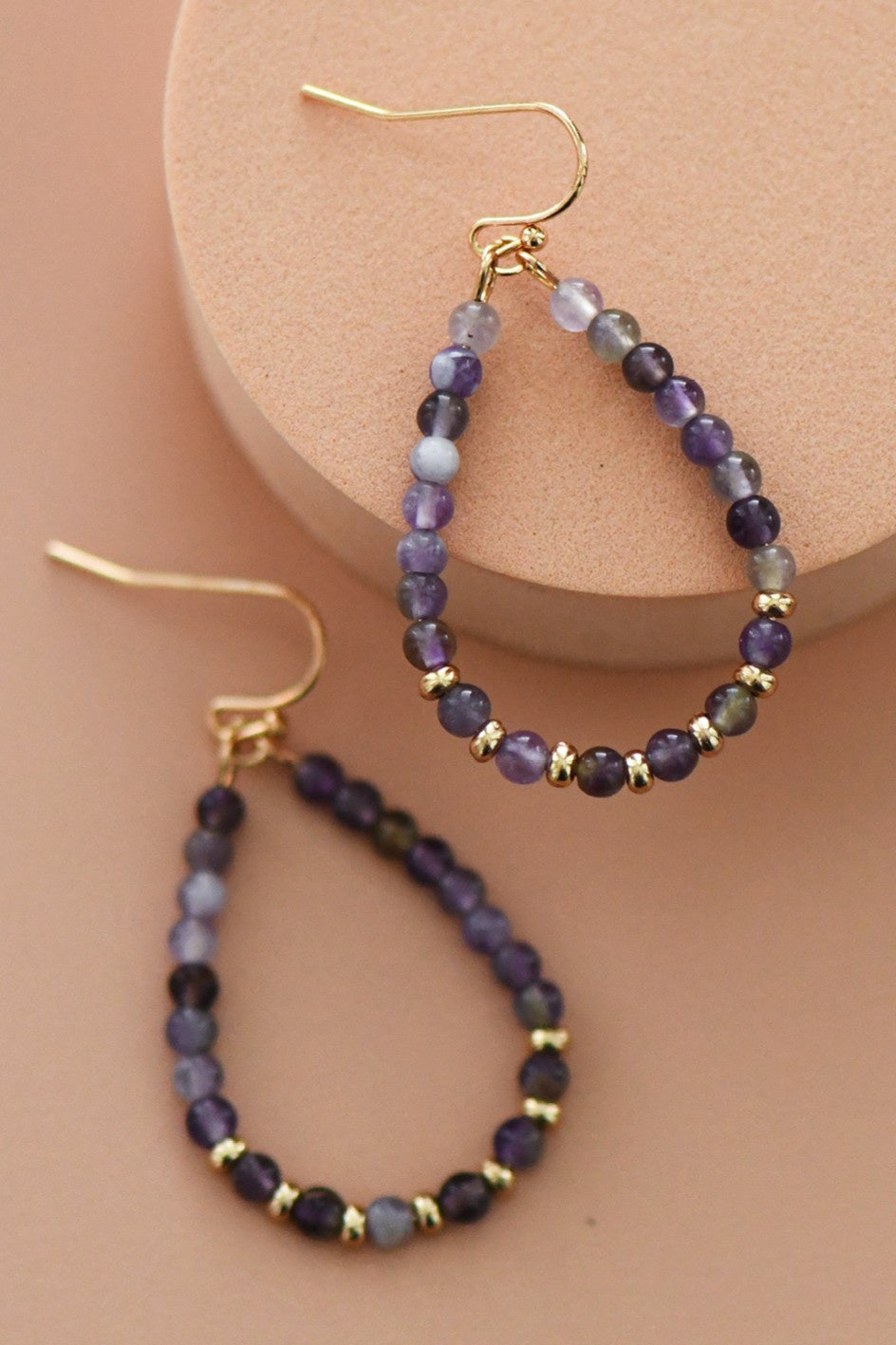 Amethyst Stone Beaded Teardrop Wire Earrings