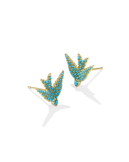 MELODY BIRD STUD EARRINGS GOLD TEAL CRYSTAL