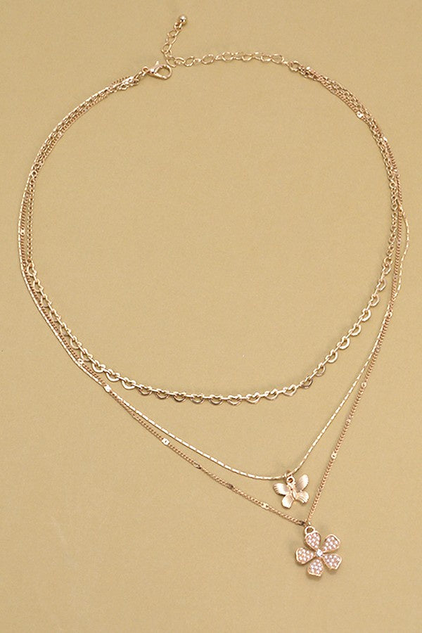 Trio Layered Butterfly Flower Charm Necklace