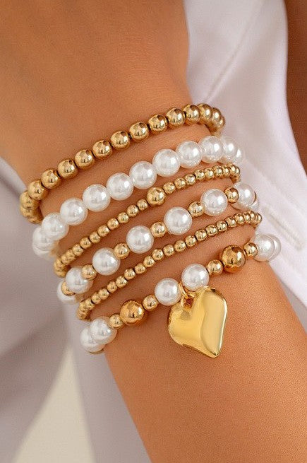 Multilayer Ball Pearl Chain Bead Heart Bracelet