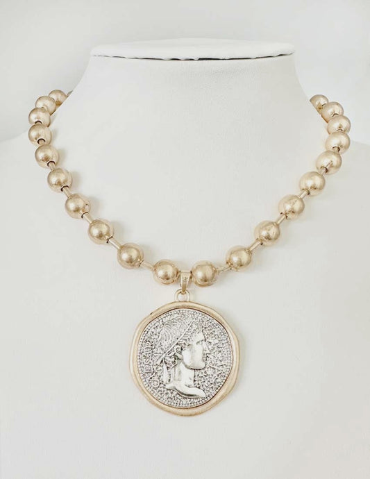 Worn Gold Beaded Chain with Large Stamped Coin Charm Necklace