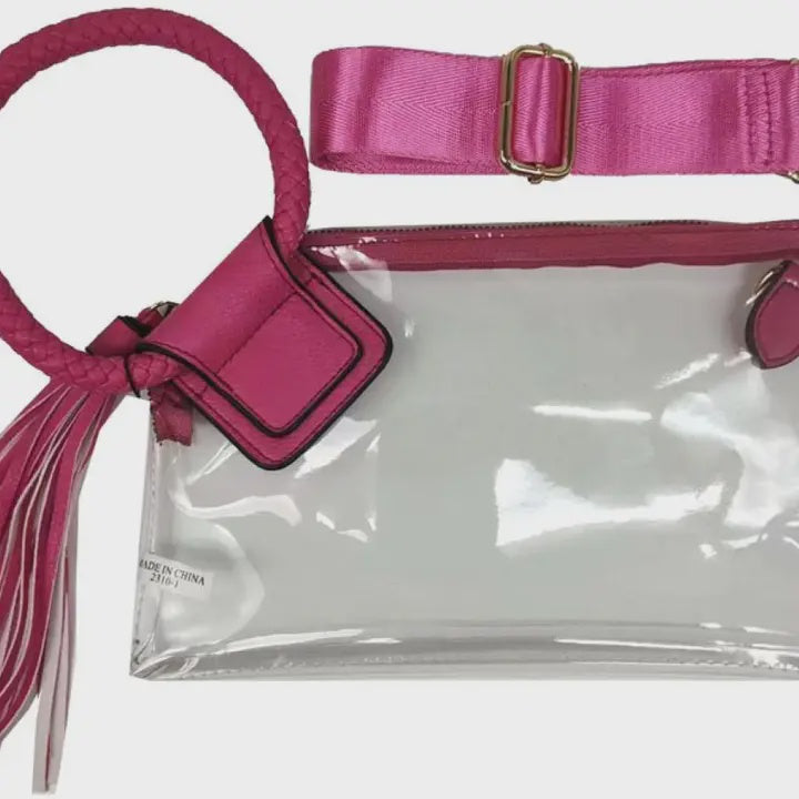 Pink See Through Clear Cuff Handle Tassel Wrislet Clutch