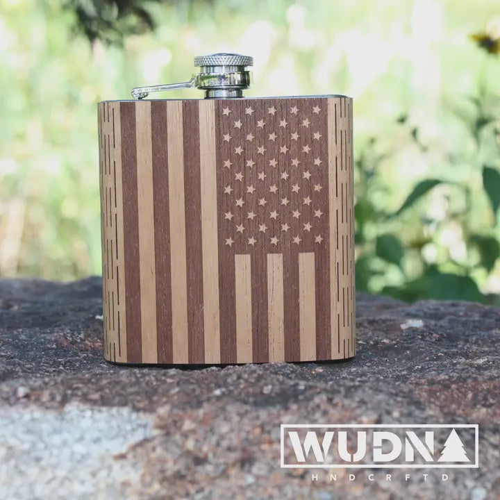 American Flag Wooden Hip Flask 6 oz