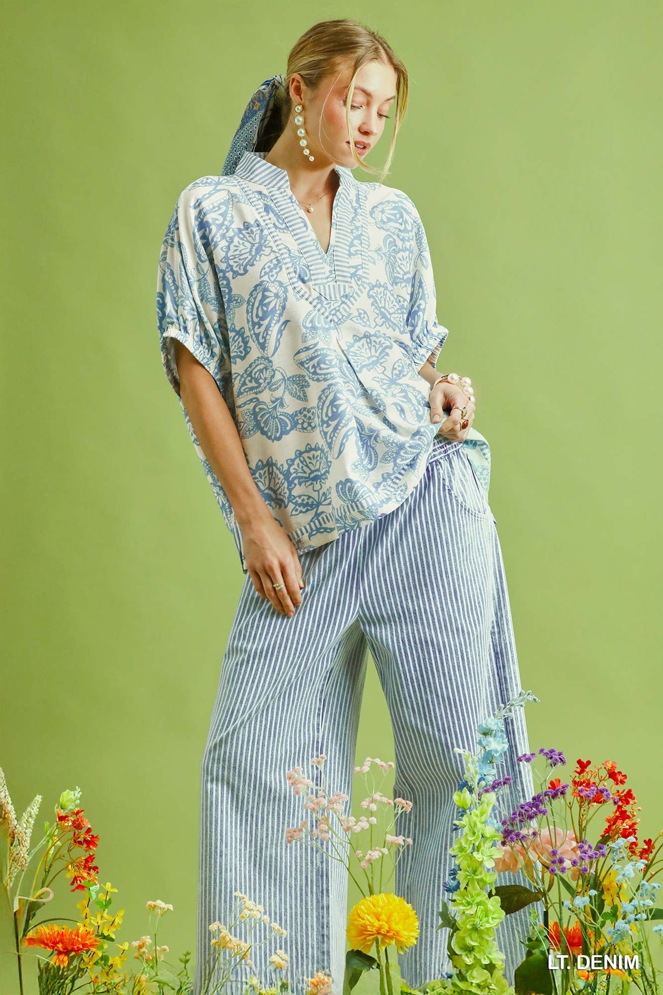 Stone Wash Stripe Wide-Leg Pants