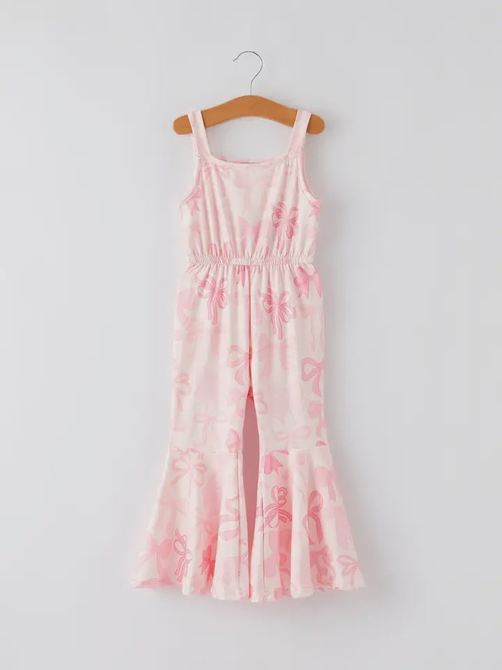 Pink Bow Print Girls Sling Flared Jumpsuit