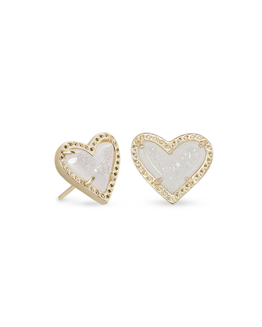 ARI HEART STUD EARRINGS GOLD IRIDESCENT DRUSY