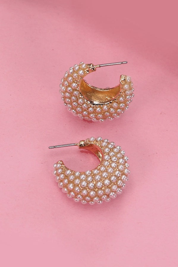 Pearl Pave Gold Half Moon Huggie Hoop Earrings