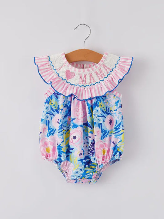 “I ❤ Mama”Embroidery Smocking Baby Girls Romper