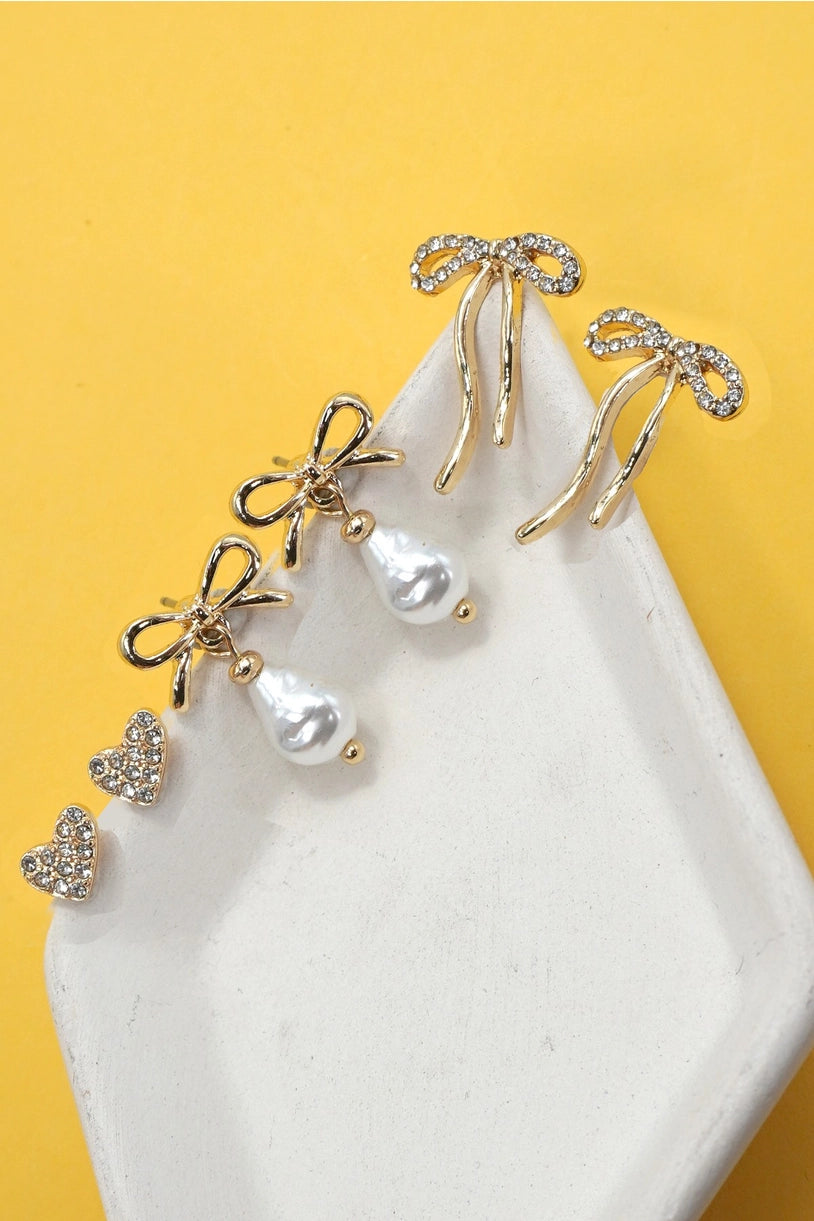Rhinestone Heart Bow Pearl Drop Bow Earrings