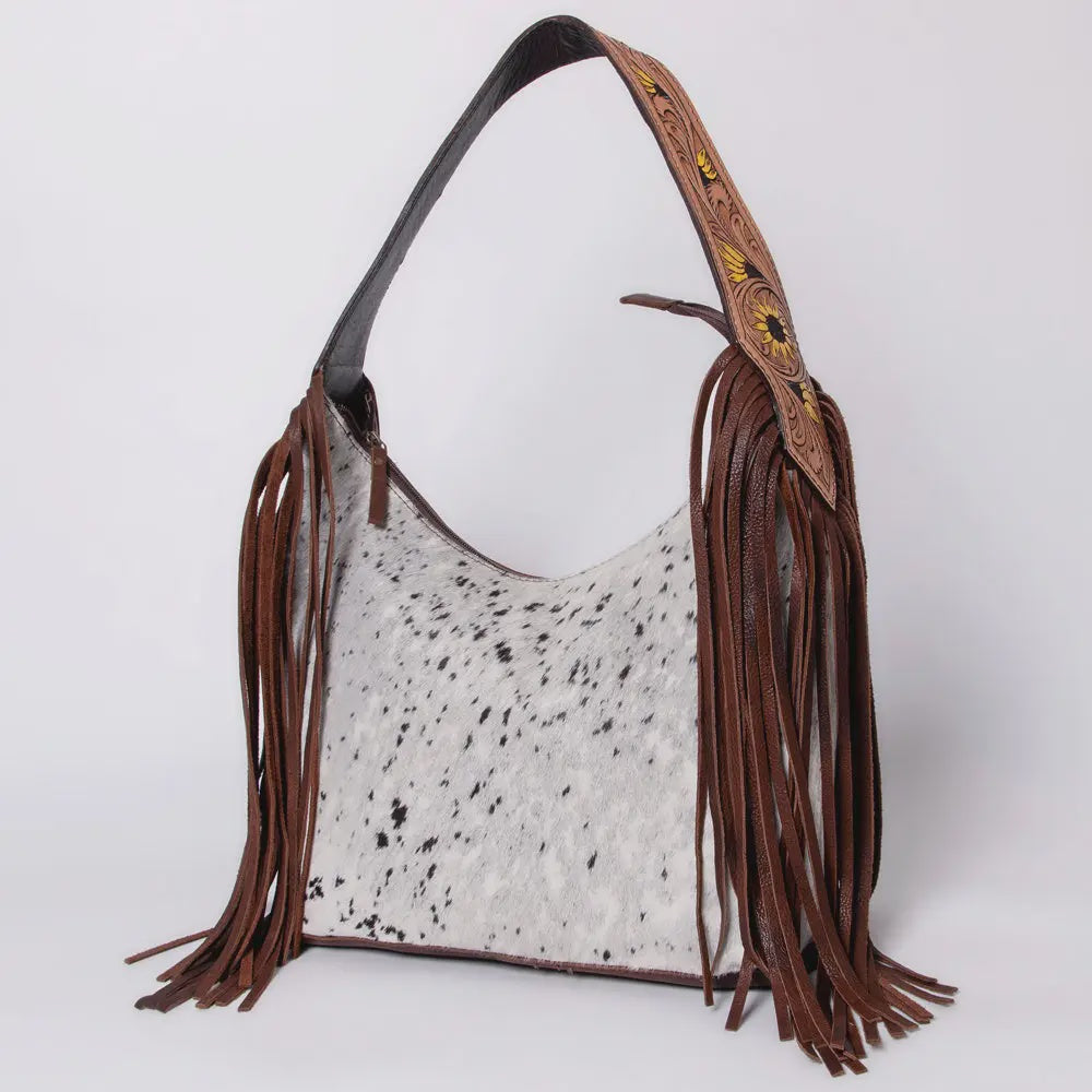 American Darling Hobo Bag Hair-On Leather with Floral Tooled Strap & Fringe
