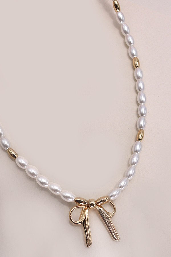 Bow Ribbon Pearl Gold Mix Chain Necklace