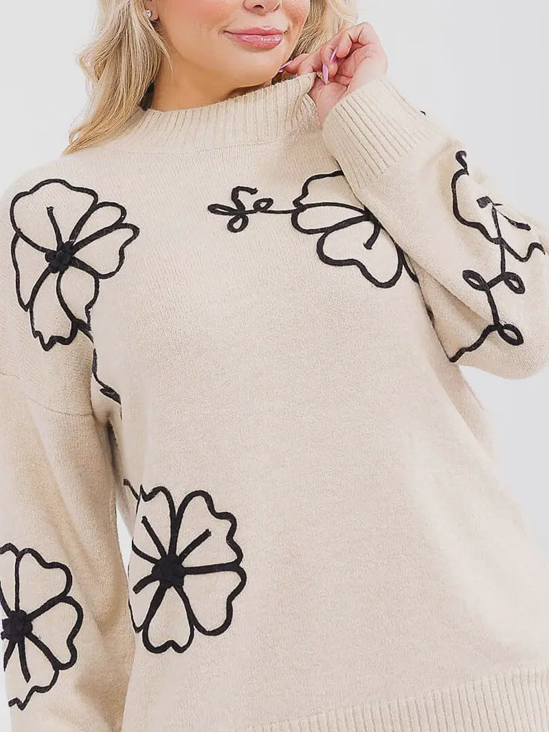 CURVY FLORAL STITCH SWEATER