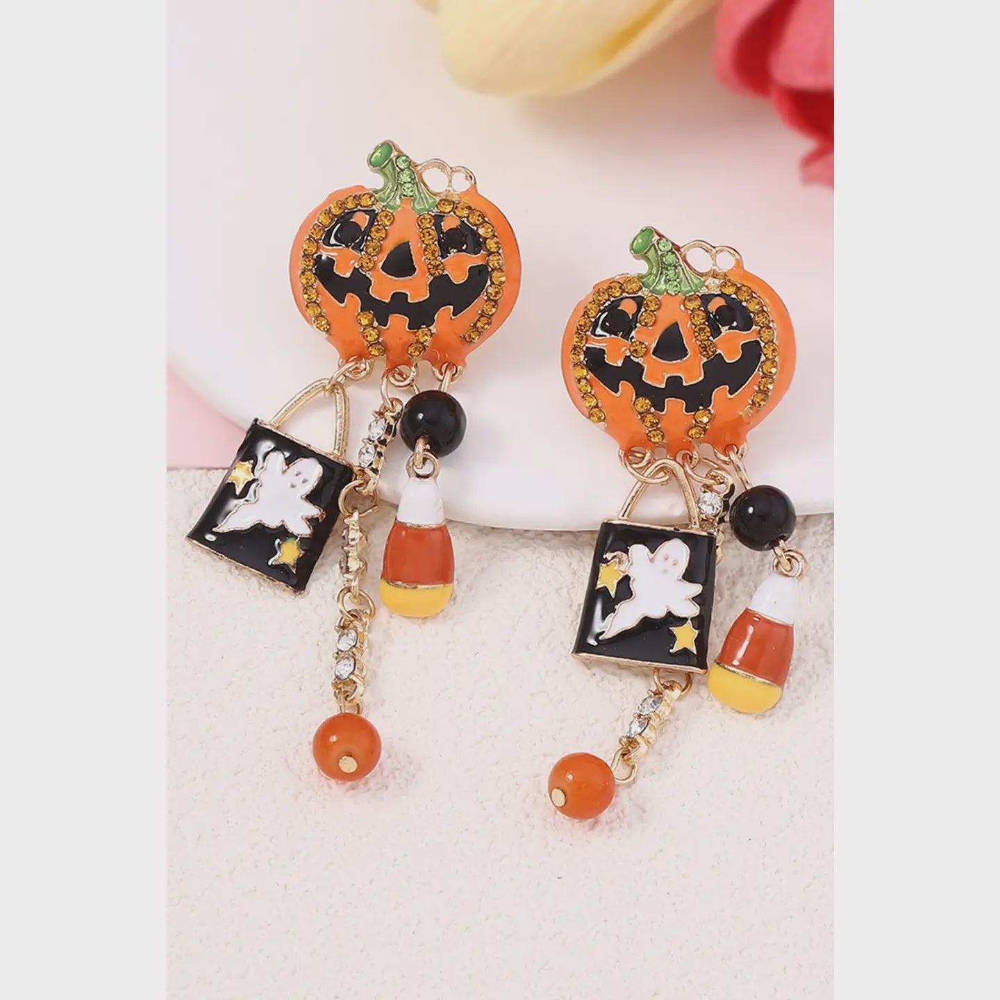 Halloween Rhinestone Pumpkin Ghost Tassel Earrings