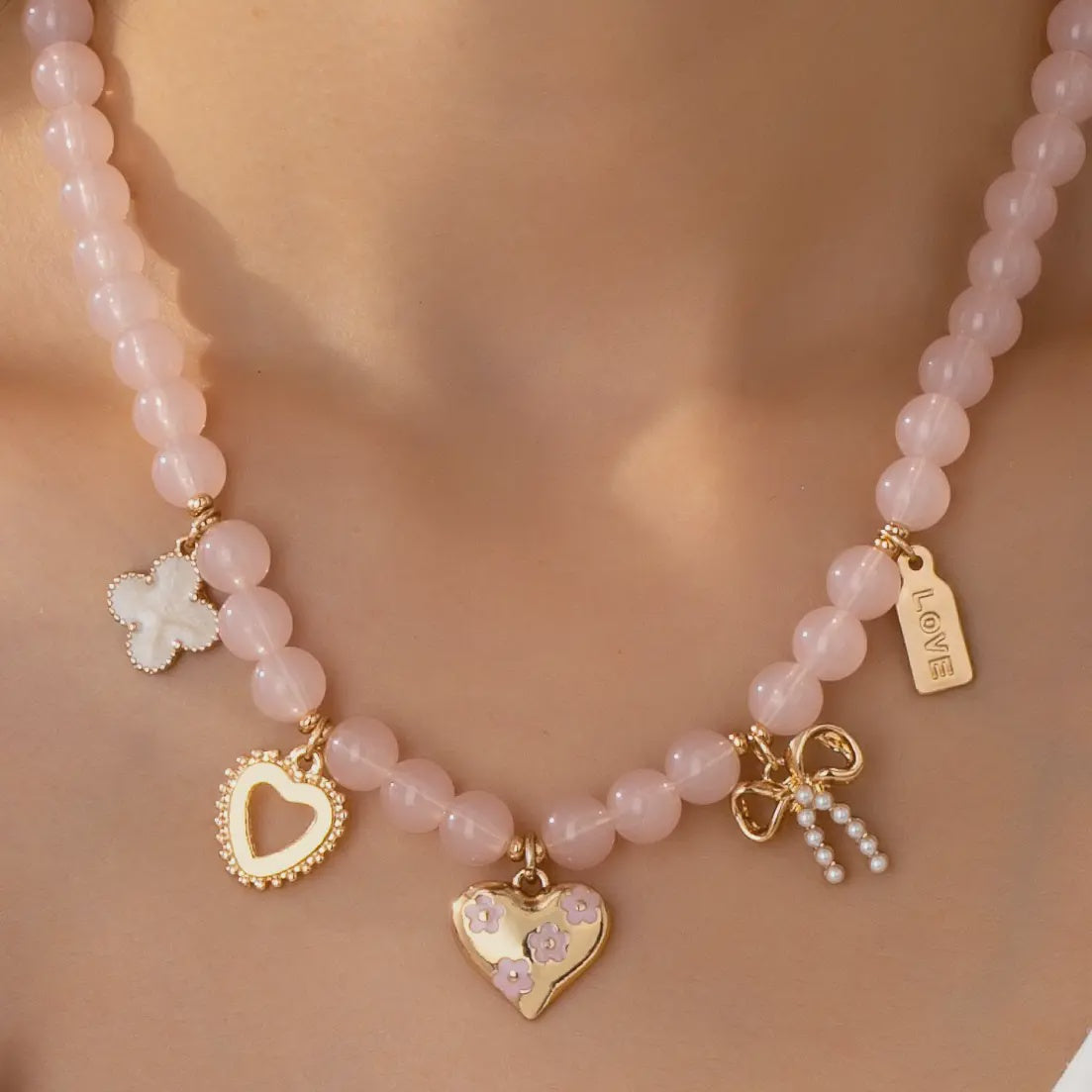 Beaded Charm Necklace-Heart Bow Clover