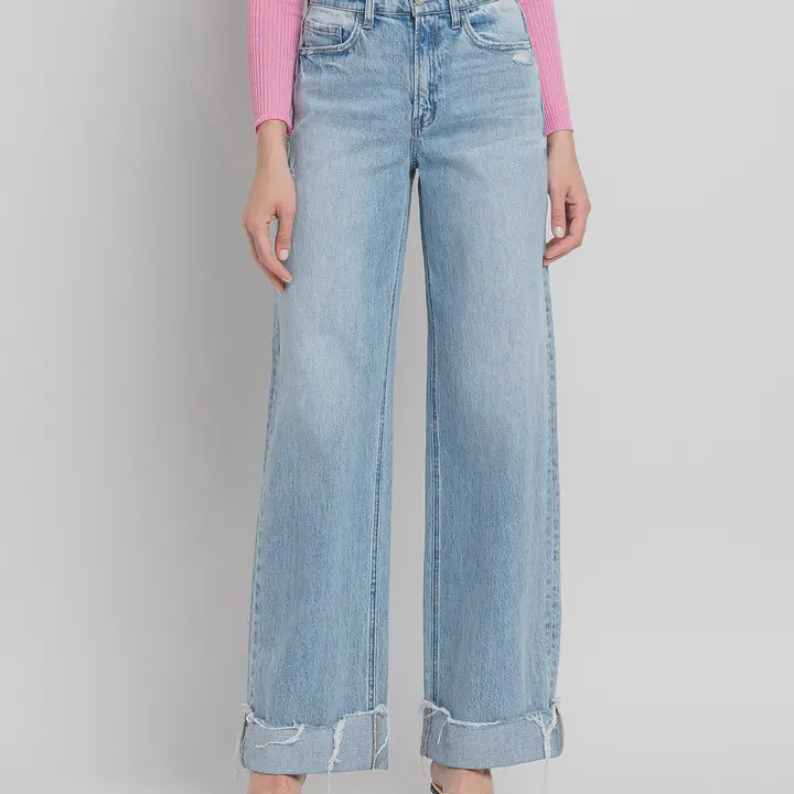 SUPER HIGH RISE CUFFED BAGGY WIDE LEG JEANS