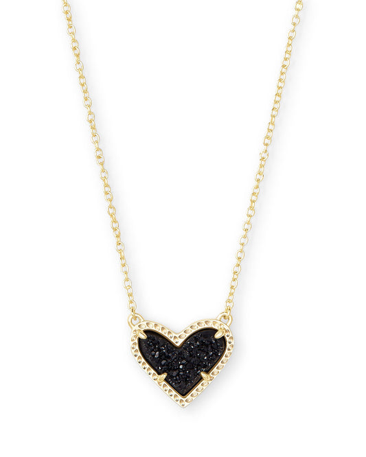 ARI HEART SHORT PENDANT NECKLACE GOLD BLACK DRUSY