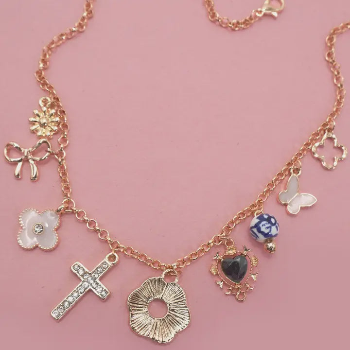 Charm Necklace-Bow Flower Porcelain Clover