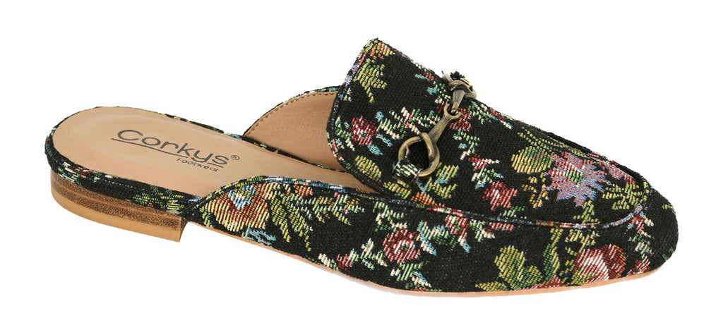 CHARMER BLACK BROCADE FLORAL SANDALS