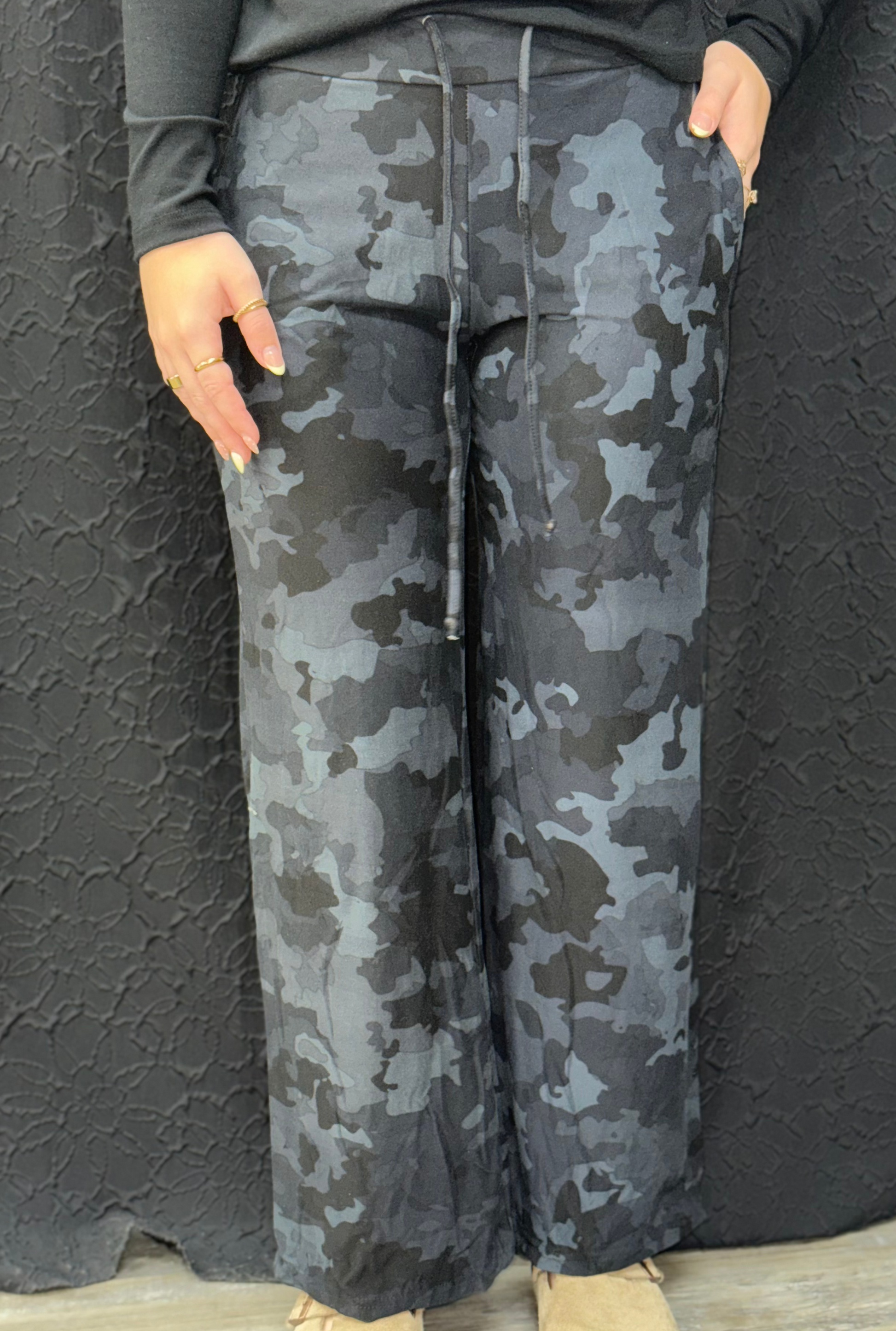 Black Camo Buttery Soft Print Pajama Pants with Drawstring